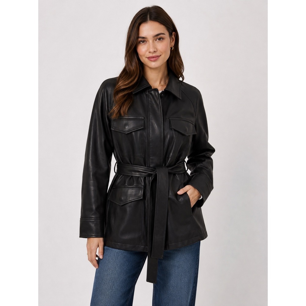 Bagatelle NYC Black Faux Leather Belted Jacket Utility Safari Coat M